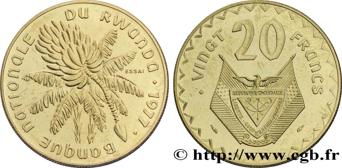 RWANDA Essai de 20 Francs emblème 1977 Paris MS 