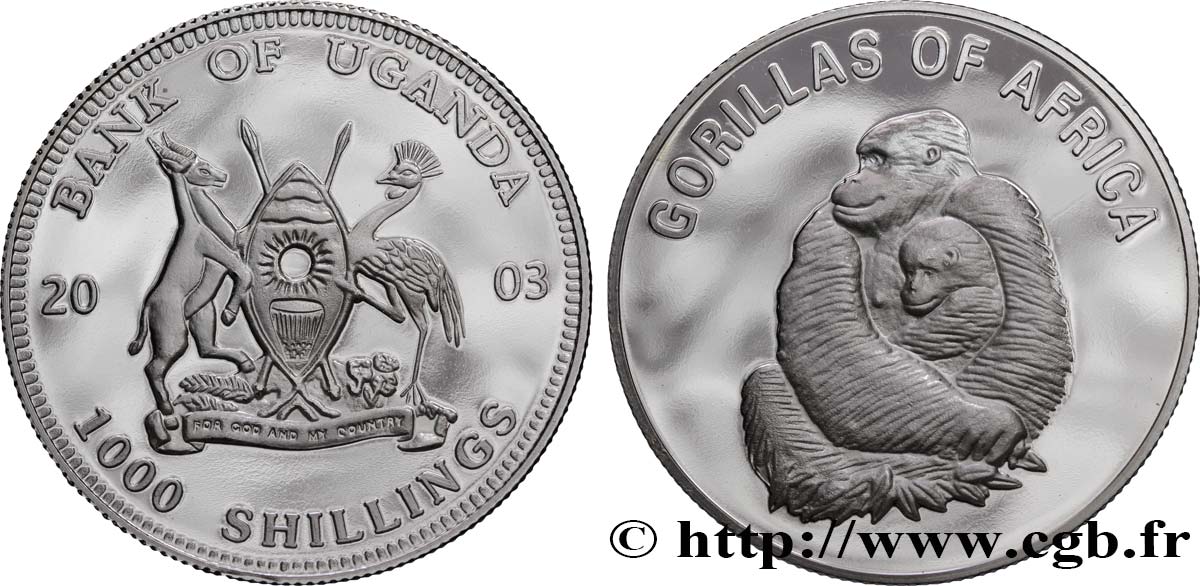 UGANDA 1000 Shillings Proof série Gorilles d’Afrique : emblème / femelle et jeune gorille 2003  SC 
