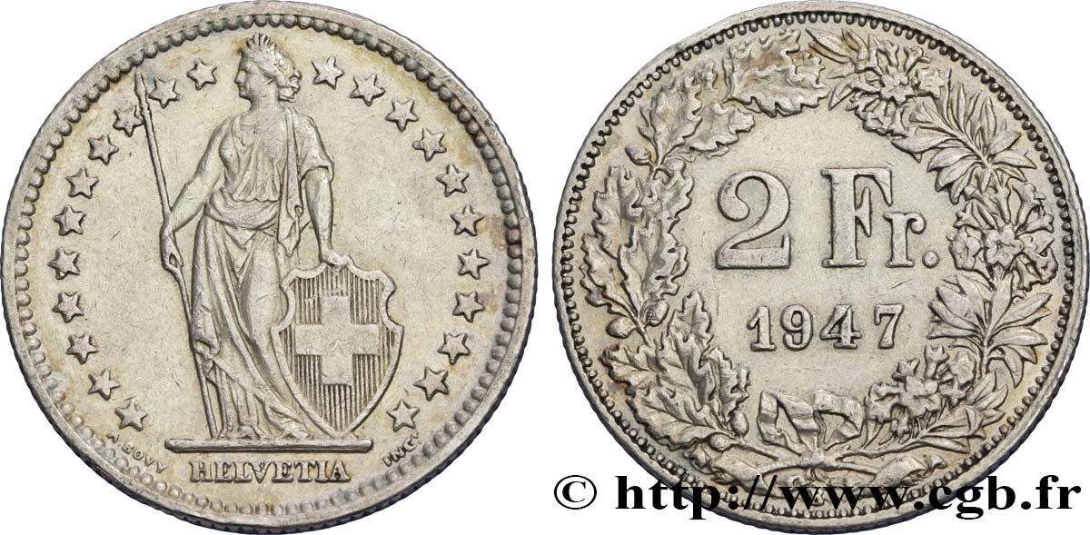 SUISSE 2 Francs Helvetia 1947 Berne TTB+ 