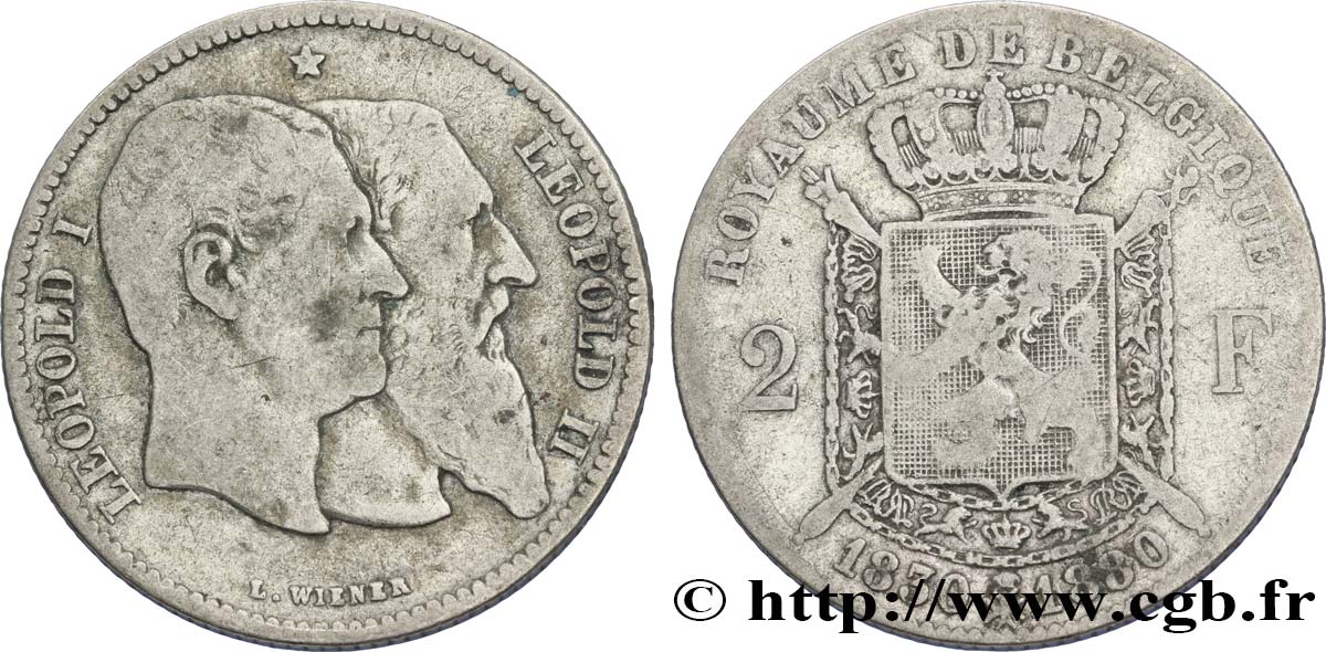 BÉLGICA 2 Francs 50e anniversaire de l’indépendance 1880  BC 