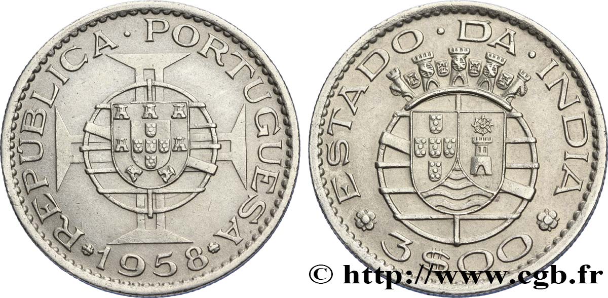 INDE PORTUGAISE 3 Escudos emblème du Portugal / emblème de l’État portugais de l Inde 1958  SUP 