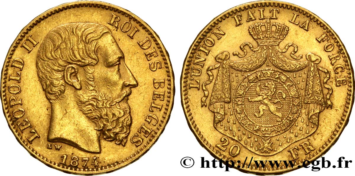 BÉLGICA 20 Francs or Léopold II  tranche position A 1874 Bruxelles MBC+ 