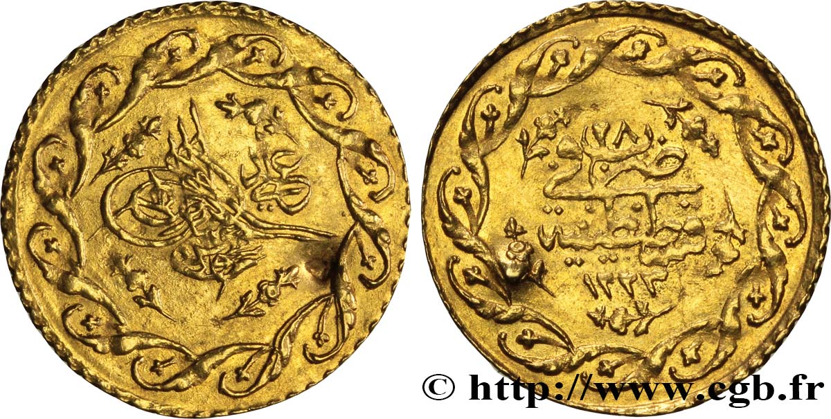 TURKEY 1 Cedid Mahmudiye en or Sultan Mahmud II AH 1223, An 28 1834 Constantinople AU 