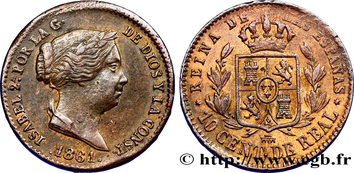 SPANIEN 10 Centimos de Real Isabelle II 1861 Ségovie fVZ 