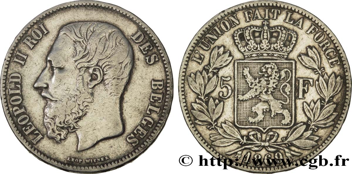 BELGIUM 5 Francs Léopold II tranche A 1869  VF 