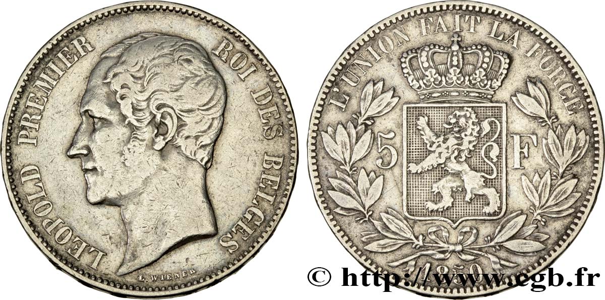 BÉLGICA 5 Francs Léopold Ier 1850  BC+ 