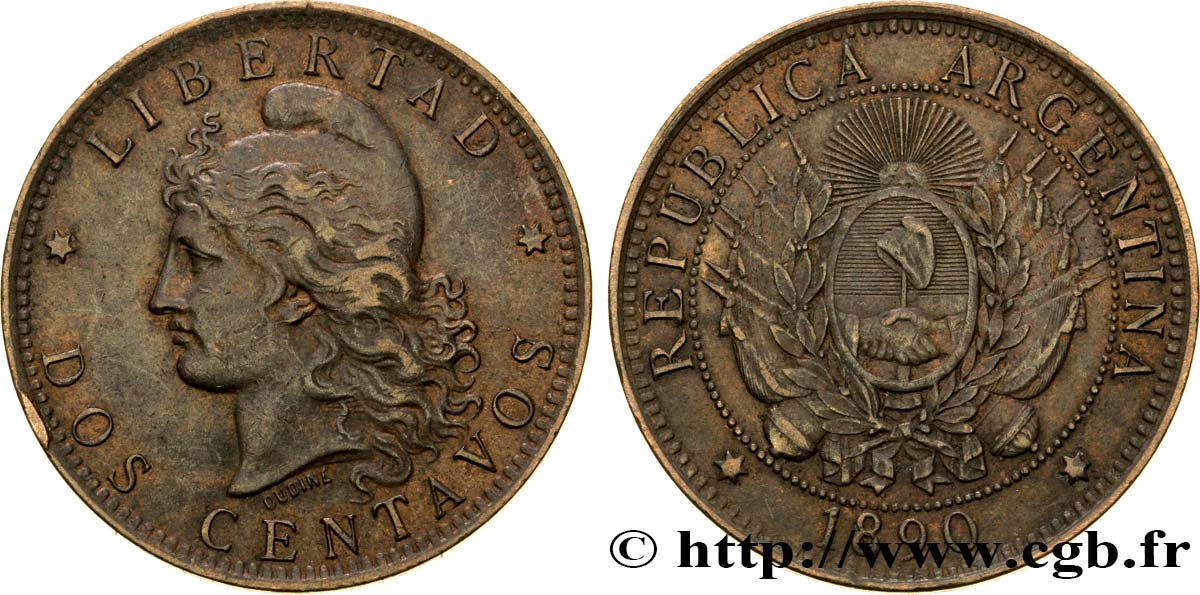ARGENTINA 2 Centavos emblème / “Liberté” 1890  MBC 