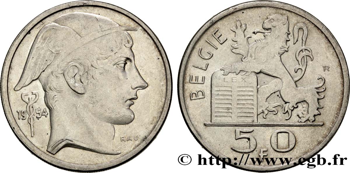 BELGIO 50 Francs lion posé sur les tables de la loi / Mercure légende flamande 1954  SPL 