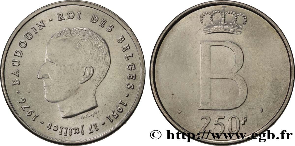 BELGIUM 250 Francs jubilé d’argent du roi Baudouin légende française 1976 Bruxelles AU 