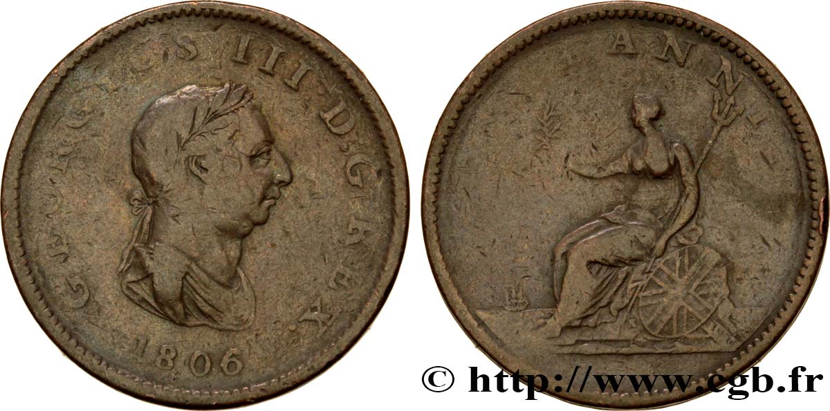 VEREINIGTEN KÖNIGREICH 1/2 Penny Georges III tête laurée 1806  SGE 