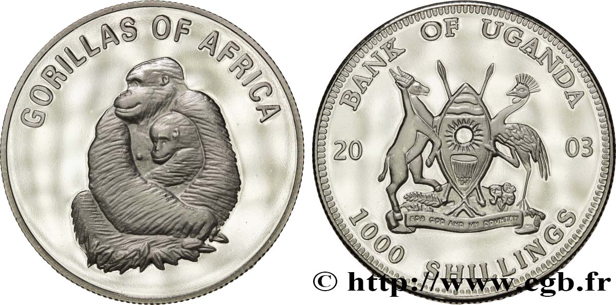 UGANDA 1000 Shillings Proof série Gorilles d’Afrique : emblème / femelle et jeune gorille 2003  fST 