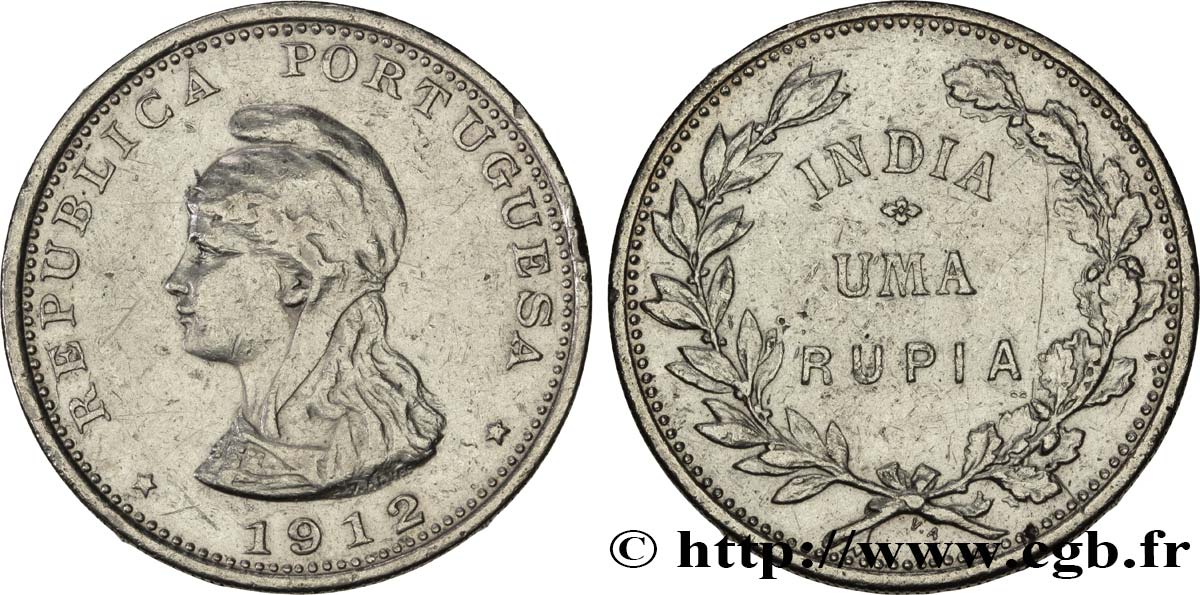 PORTUGUESE INDIA 1 Roupie Allégorie de la République Portugaise 1912  XF 