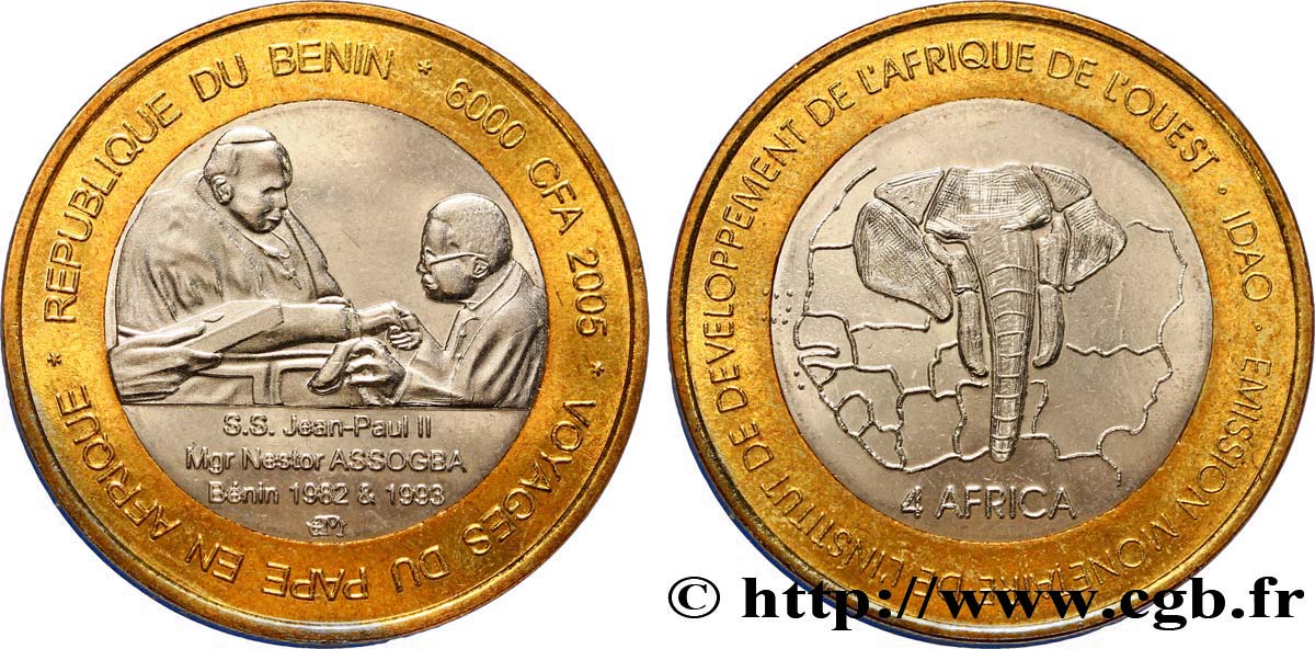BENIN 6000 Francs CFA Visite du Pape 2005  fST 