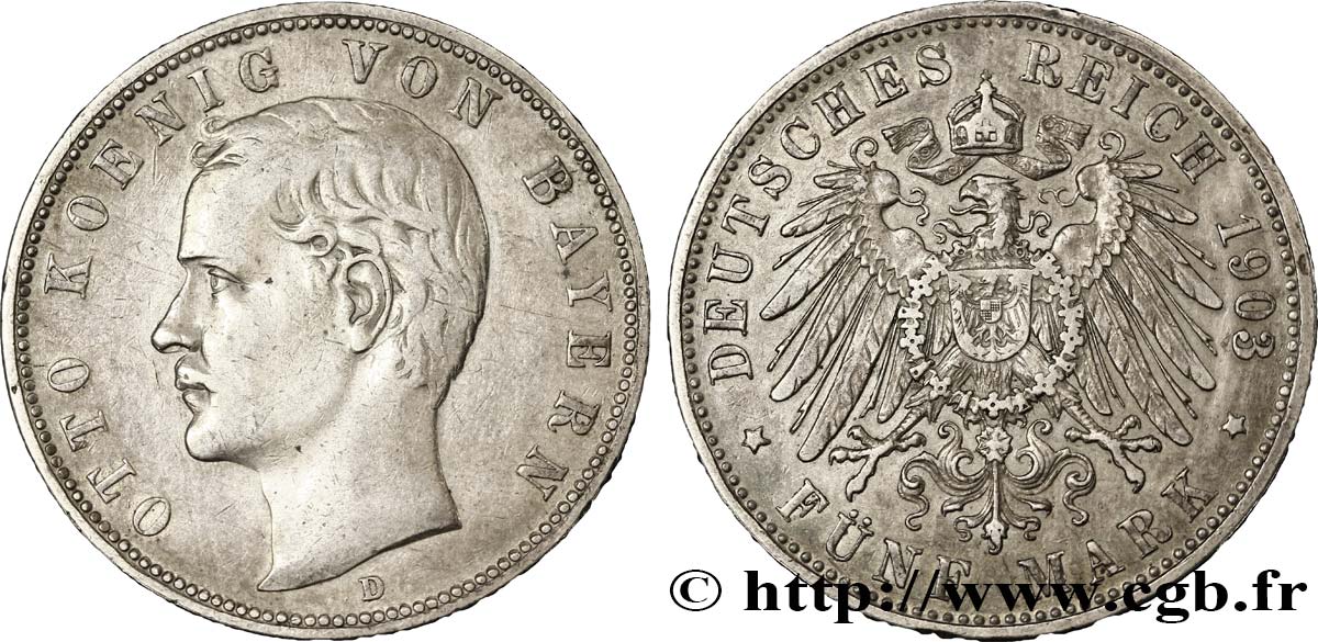 GERMANY - BAVARIA 5 Mark Othon Ier 1903 Munich XF 