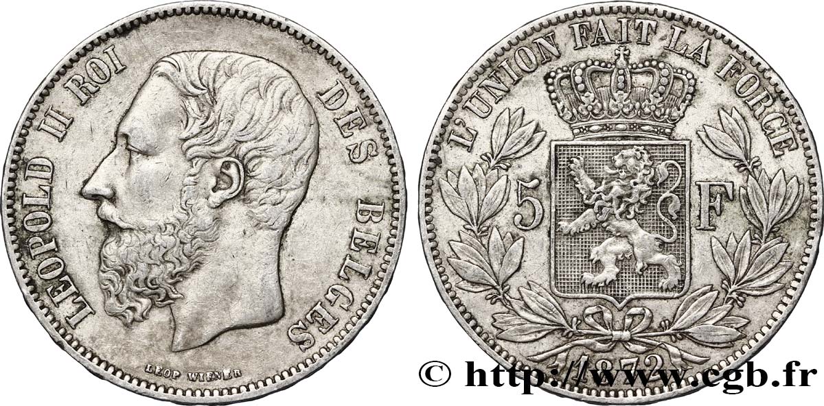 BELGIUM 5 Francs Léopold II tranche A 1872  VF 