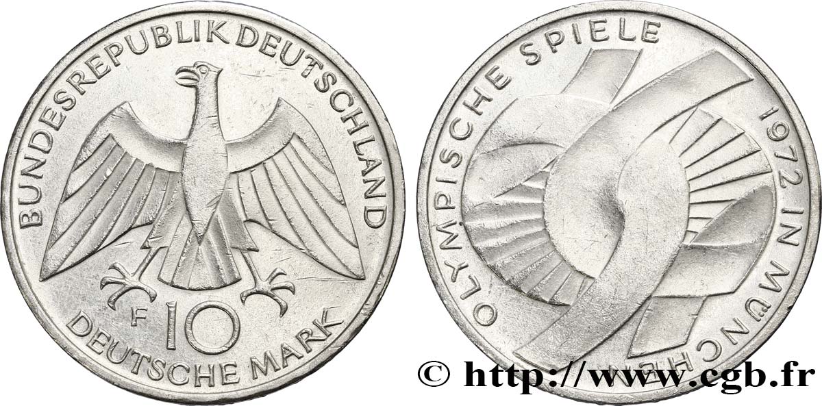 ALLEMAGNE 10 Mark / XXe J.O. Munich - L’idéal olympique 1972 Stuttgart TTB+ 