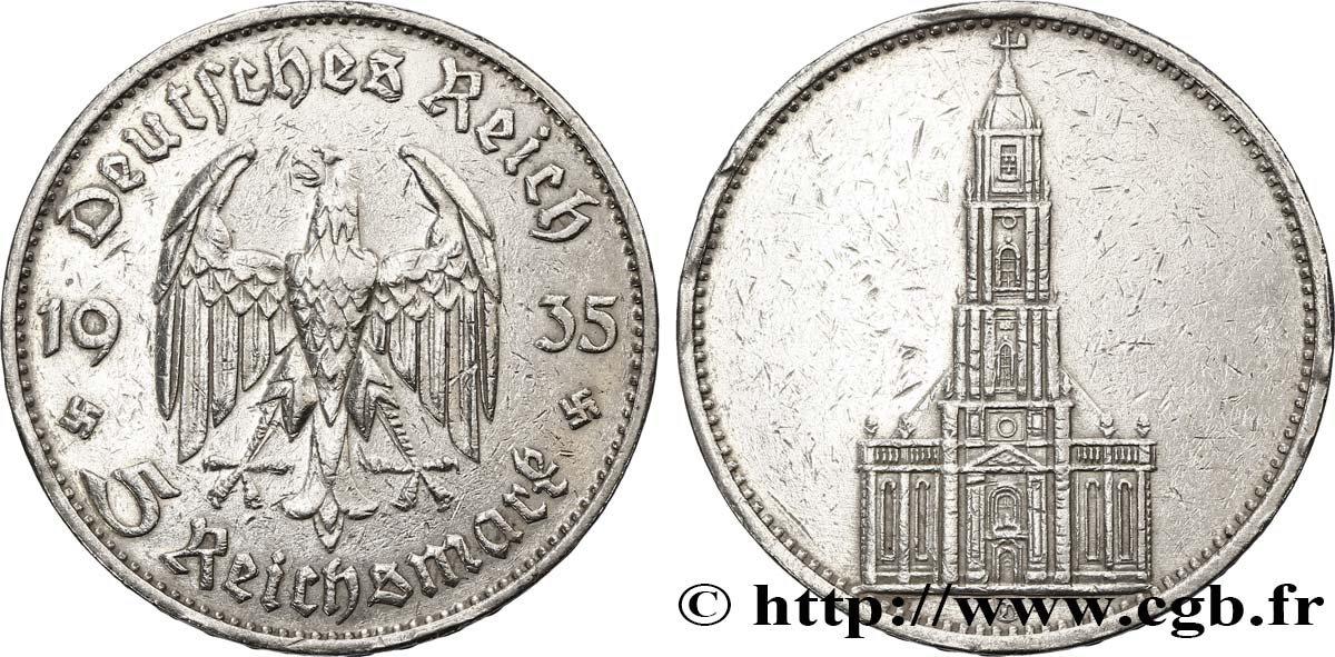 GERMANY 5 Reichsmark église de la garnison de Potsdam 1935 Munich XF 