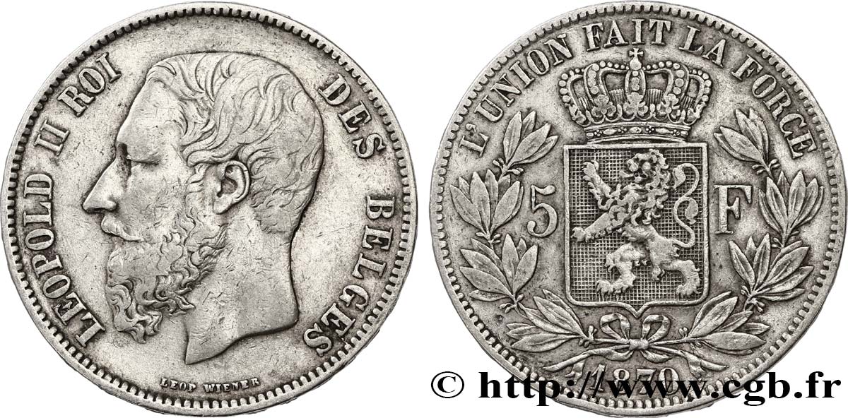 BELGIEN 5 Francs Léopold II tranche A 1870  SS 