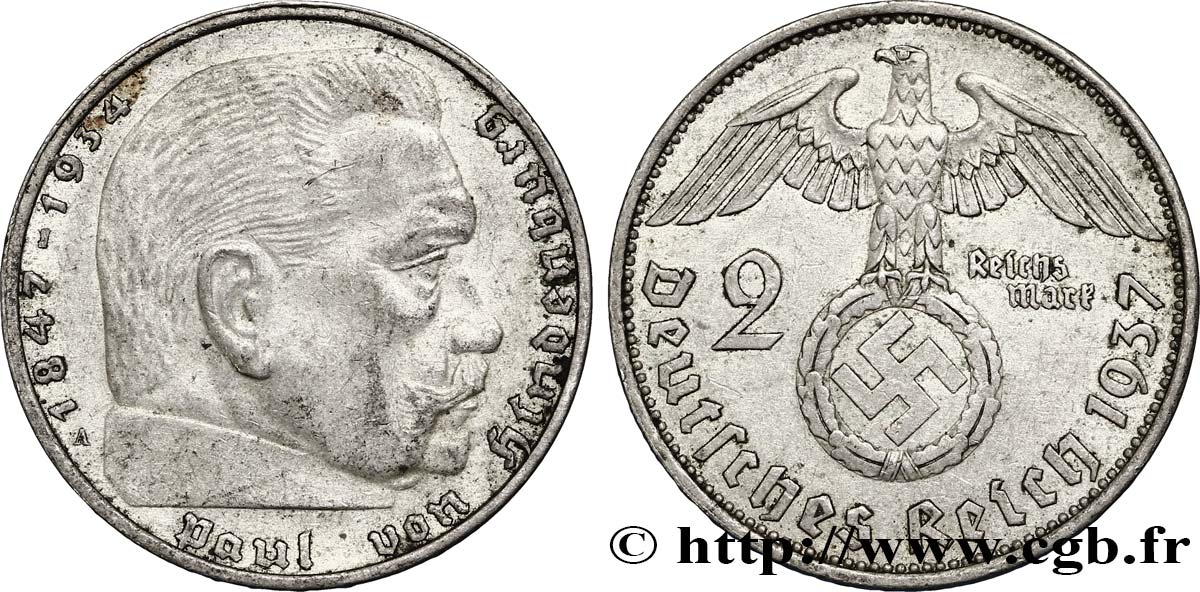 GERMANIA 2 Reichsmark Maréchal Paul von Hindenburg 1937 Berlin BB 