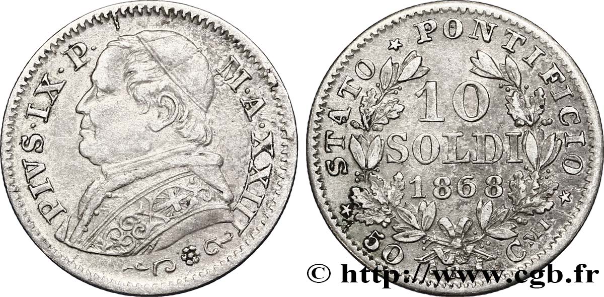 VATIKANSTAAT UND KIRCHENSTAAT 10 Soldi (50 Centesimi) 1868 Rome fVZ 