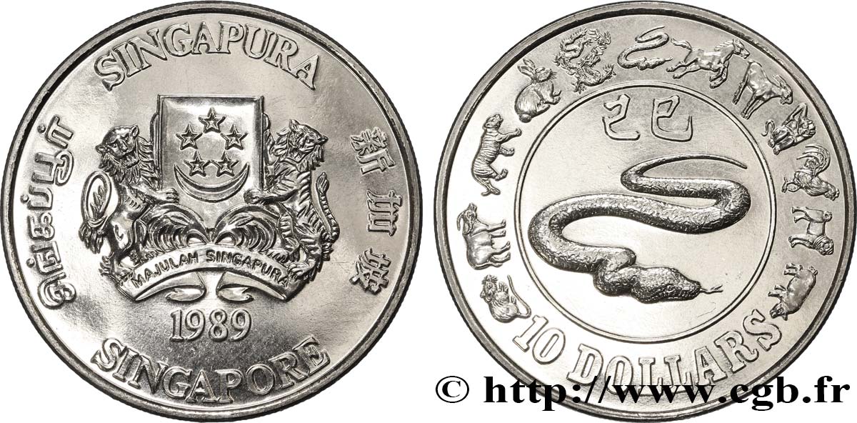 SINGAPUR 10 Dollars année du serpent : emblème / serpent 1989  SC 