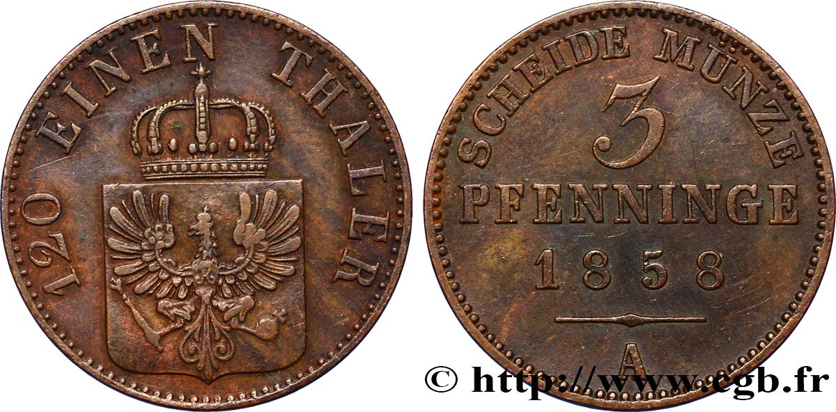 ALEMANIA - PRUSIA 3 Pfenninge Royaume de Prusse écu à l’aigle 1858 Berlin MBC 