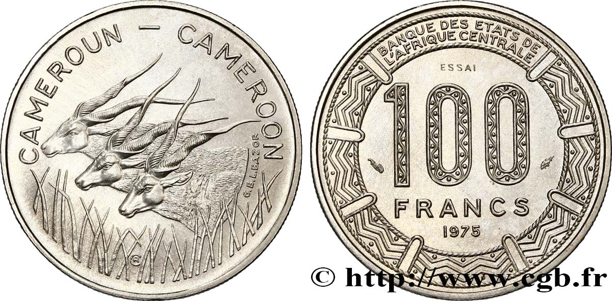 CAMERUN Essai de 100 Francs légende bilingue, type BEAC antilopes 1975 Paris MS 