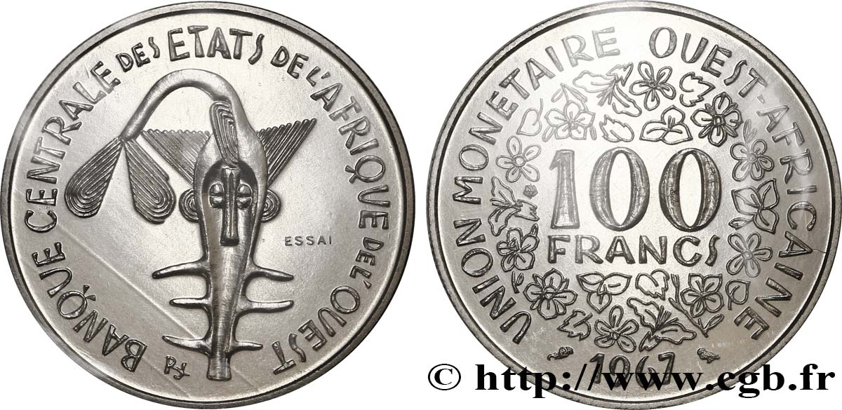 STATI DI L  AFRICA DE L  OVEST Essai de 100 Francs masque sous sachet d’origine sans liseré tricolore 1967 Paris FDC 