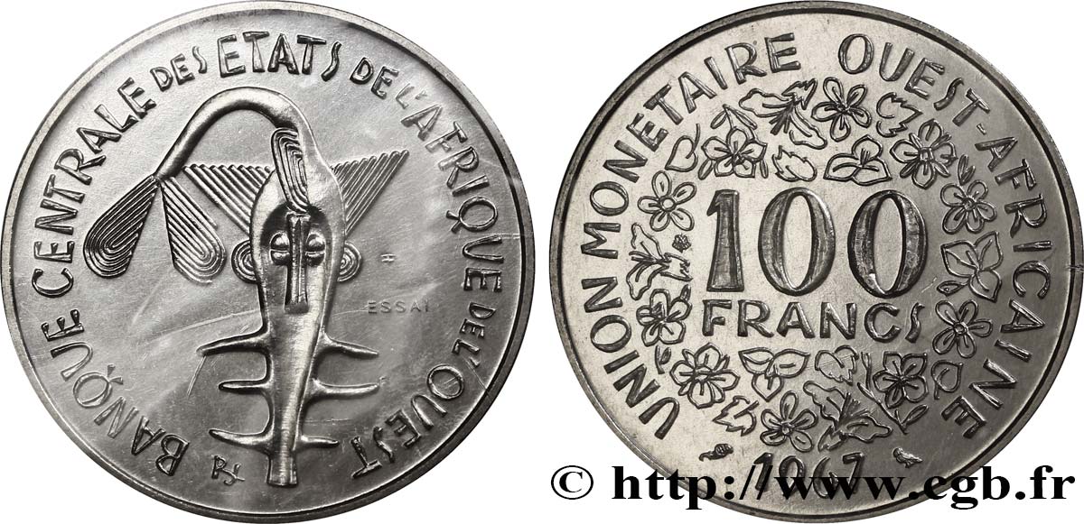 ESTADOS DE ÁFRICA DEL OESTE Essai de 100 Francs masque sous sachet d’origine sans liseré tricolore 1967 Paris FDC 