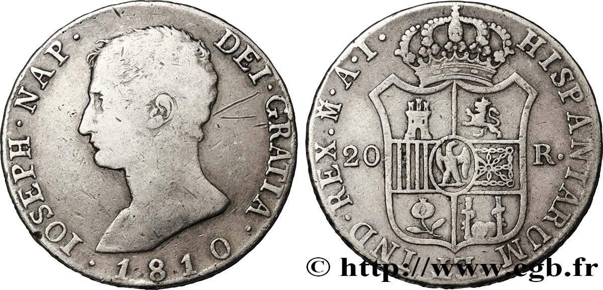 SPAIN - KINGDOM OF SPAIN - JOSEPH NAPOLEON 20 Reales ou 5 Pesetas 1810 Madrid VF 
