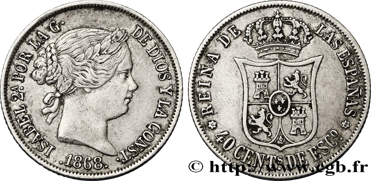 ESPAGNE 40 Centimos Isabelle II  1868 Madrid TTB 