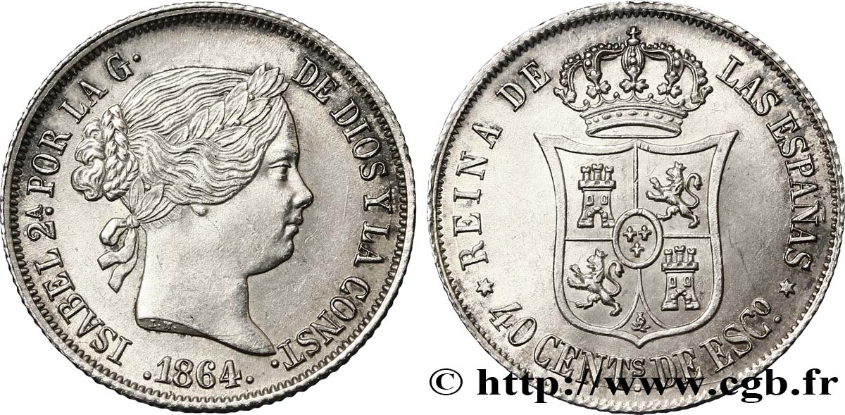 SPAIN 40 Centimos Isabelle II  1864 Madrid AU 