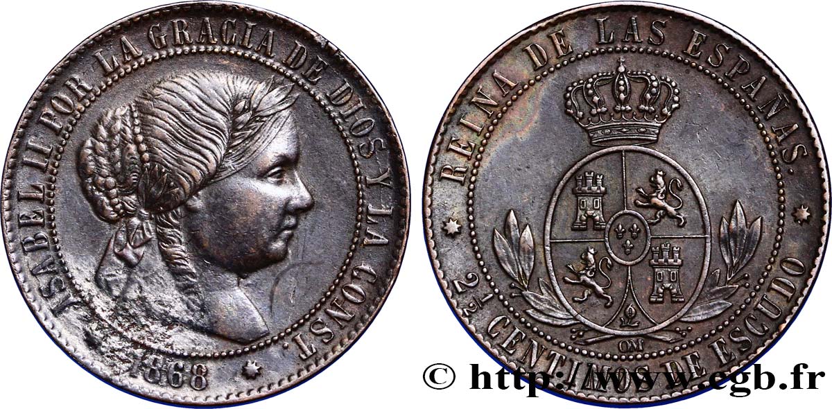ESPAÑA 2 1/2 Centimos de Escudo Isabelle II 1868 Oeschger Mesdach & CO MBC 