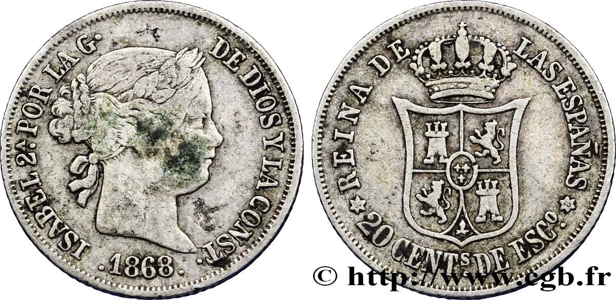 SPAIN 20 Centimos Isabelle II  1868 Madrid VF 