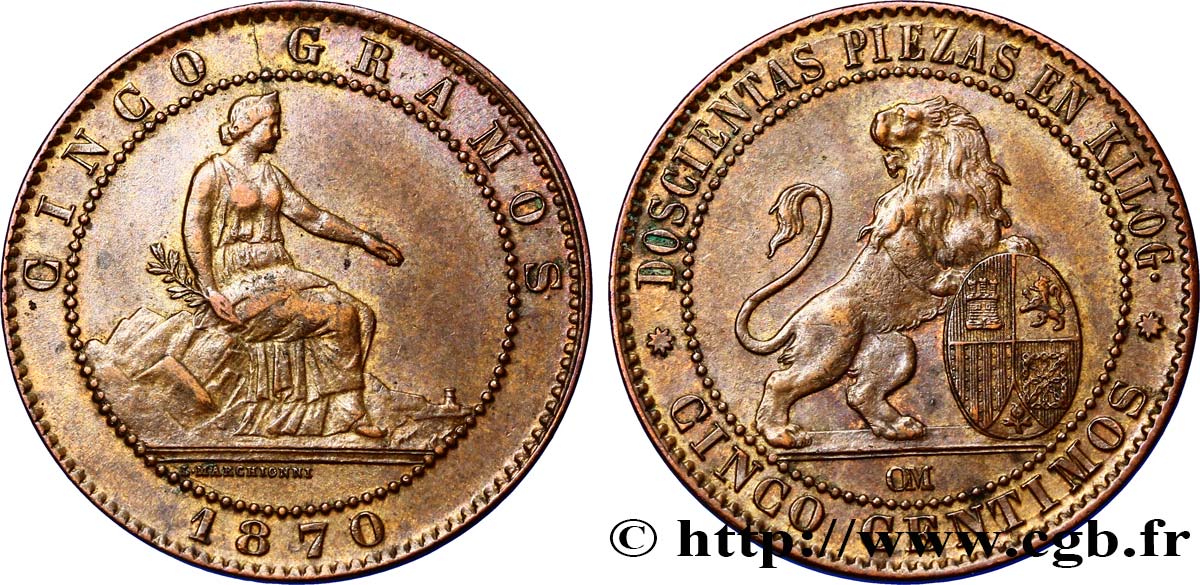 SPAIN 5 Centimos “ESPAÑA” assise 1870 Oeschger Mesdach & CO AU 