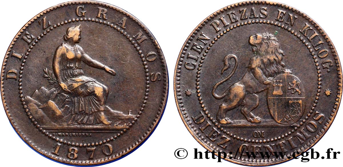 SPANIEN 10 Centimos monnayage provisoire “ESPAÑA” assise / lion au bouclier 1870 Oeschger Mesdach & CO SS 