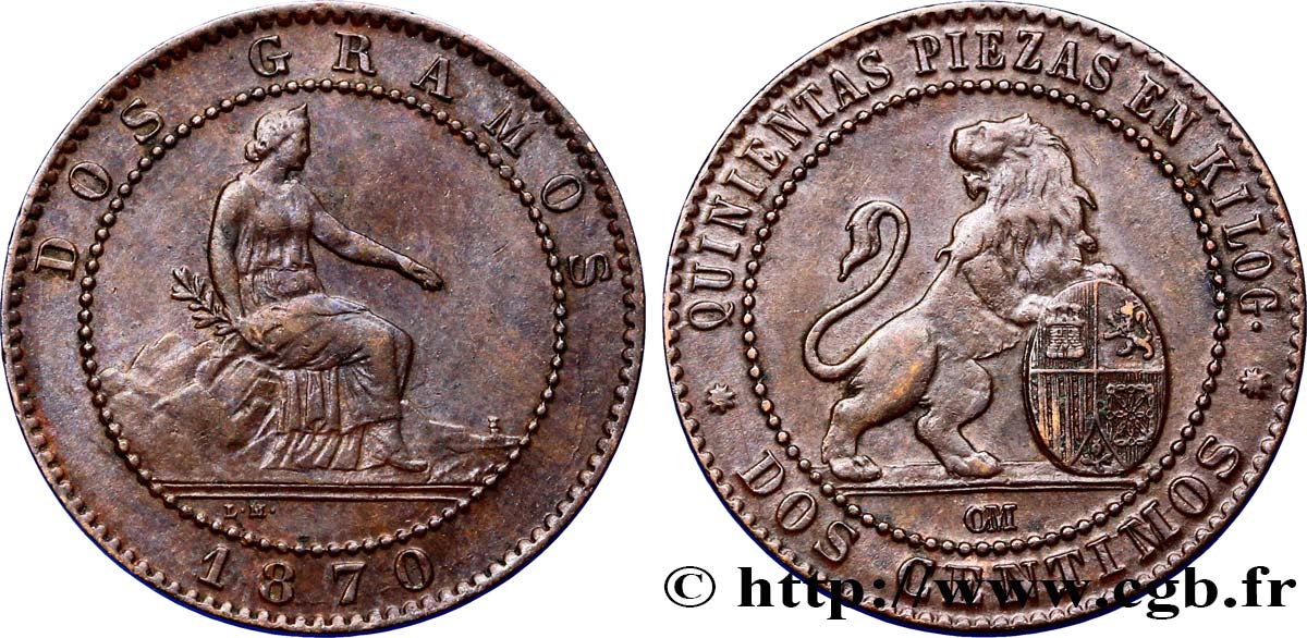 ESPAÑA 2 Centimos monnayage provisoire 1870 Oeschger Mesdach & CO EBC 