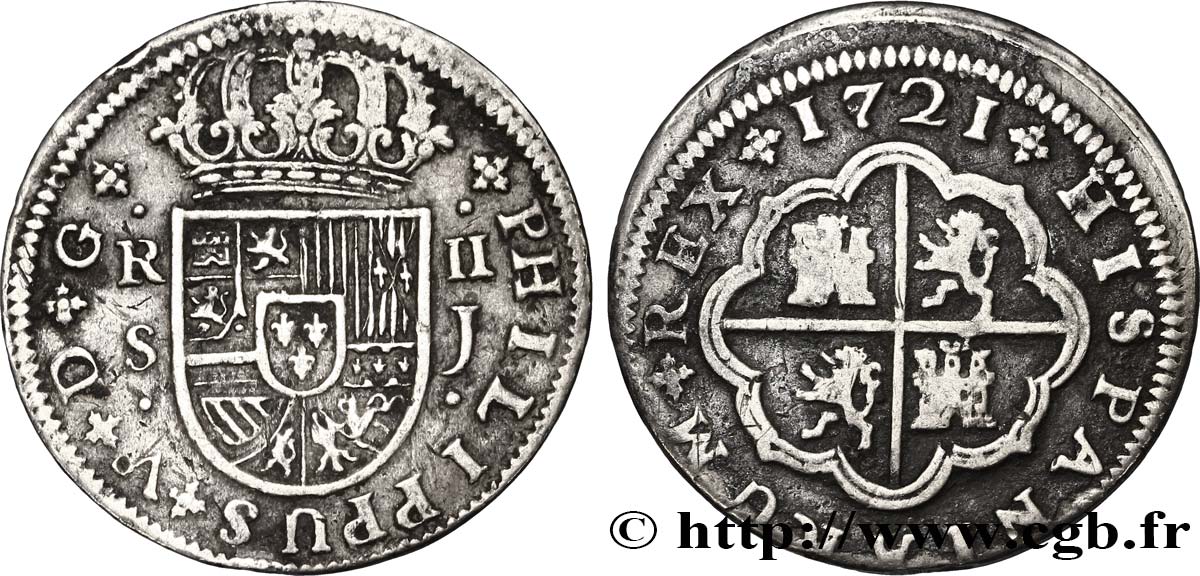 SPANIEN 2 Reales au nom de Philippe V 1721 Séville fSS 