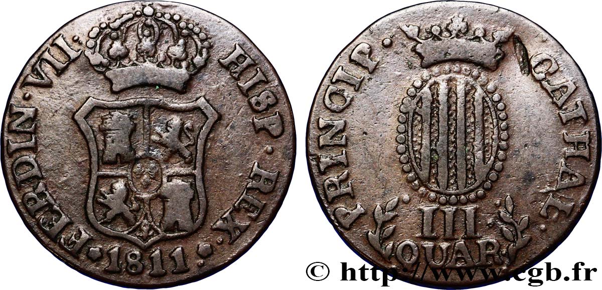 ESPAGNE - CATALOGNE 3 Quartos frappe au nom de Ferdinand VII 1811 Catalogne TB+ 