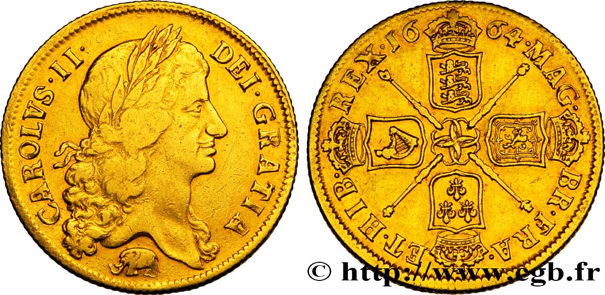 ANGLETERRE - ROYAUME D ANGLETERRE - CHARLES II Double guinée 1664 Londres fSS 