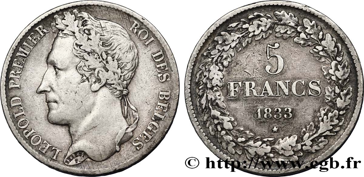 BÉLGICA 5 Francs Léopold Ier tranche B 1833  BC+ 