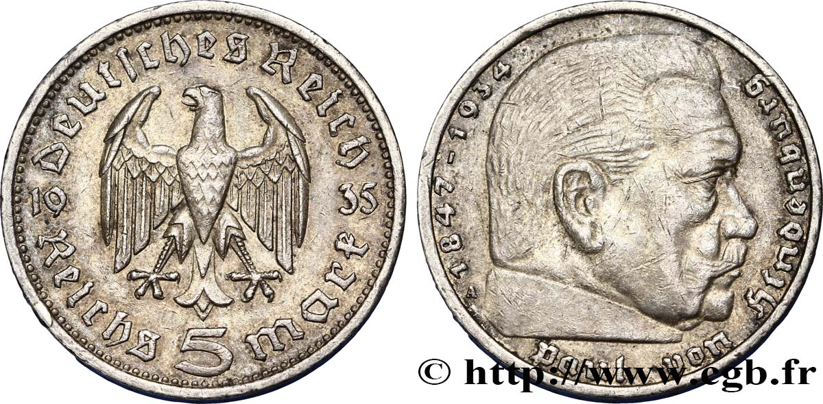 ALLEMAGNE 5 Reichsmark Aigle / Maréchal Paul von Hindenburg 1935 Berlin TTB 