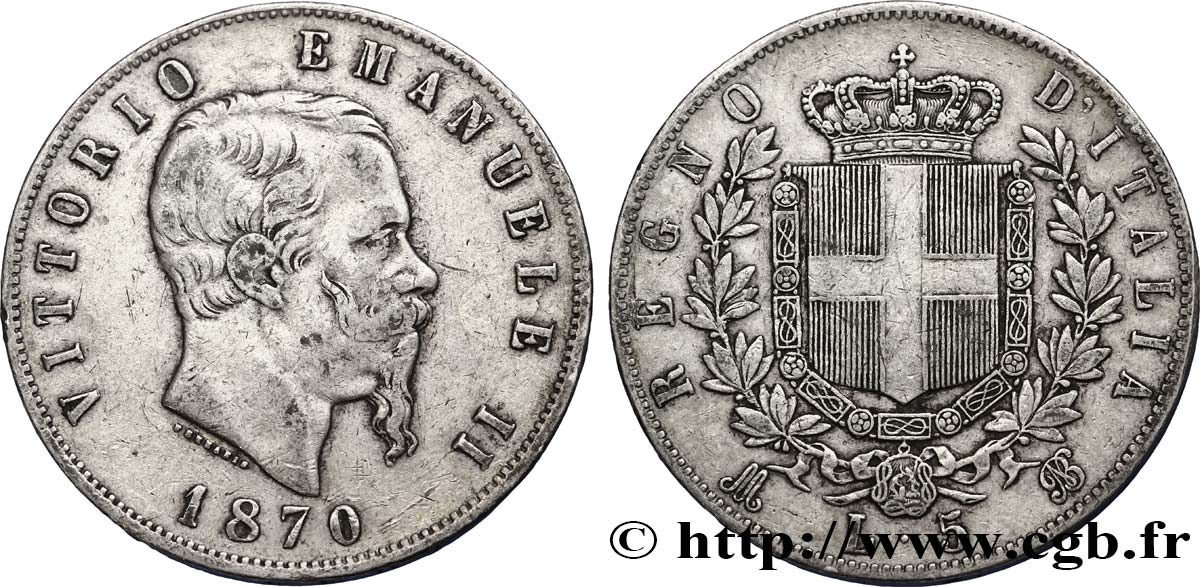 ITALIA 5 Lire Victor Emmanuel II 1870 Milan BC+ 