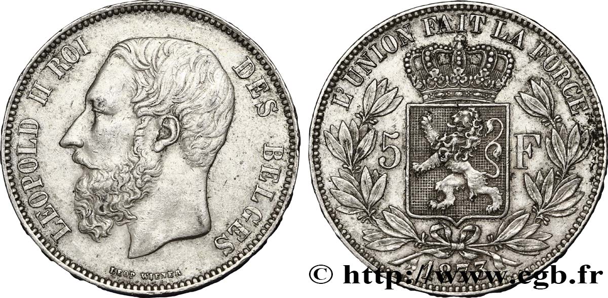 BÉLGICA 5 Francs Léopold II tranche position A 1873  MBC 