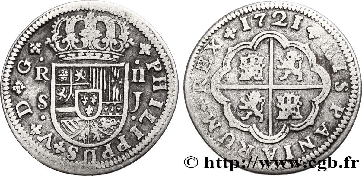 SPANIEN 2 Reales au nom de Philippe V 1721 Séville fSS 