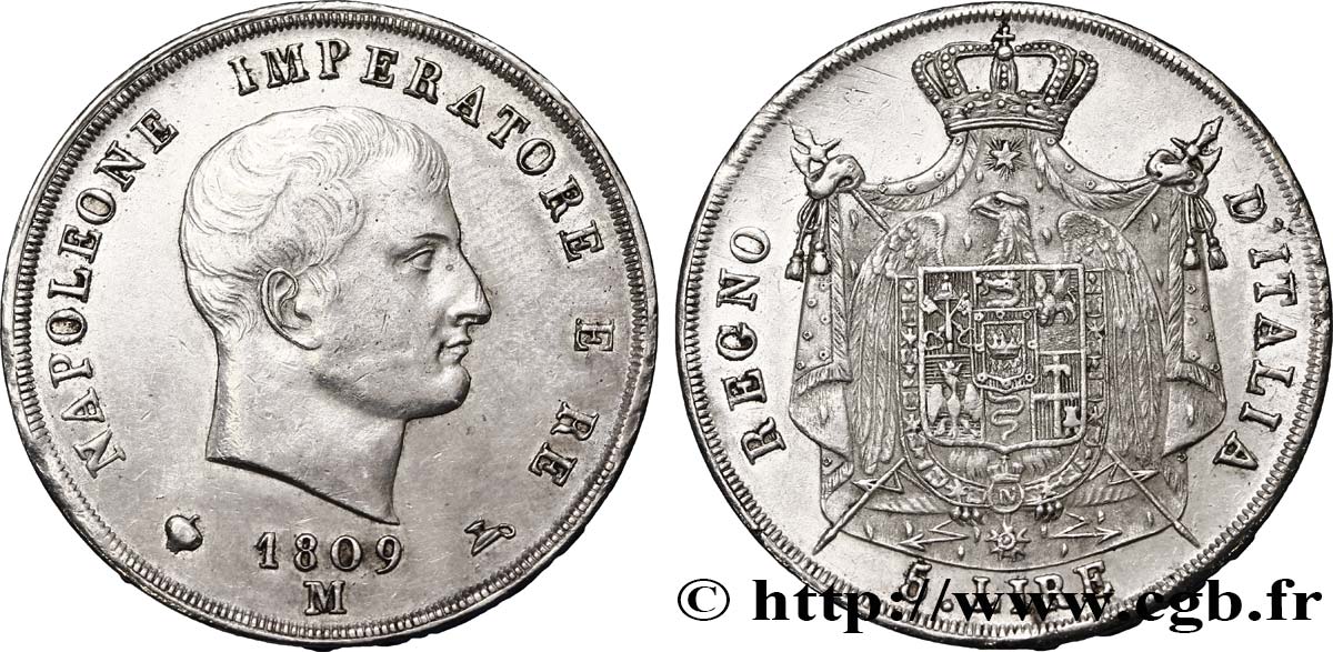 ITALY - KINGDOM OF ITALY - NAPOLEON I 5 Lire 1809 Milan AU 