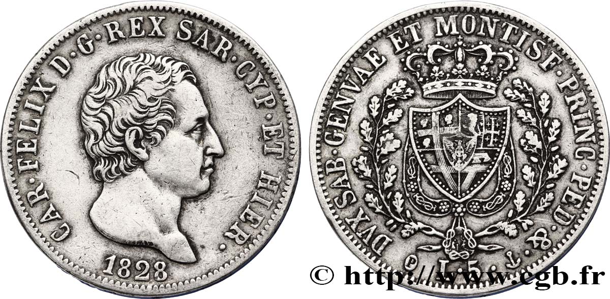 ITALIA - REGNO DE SARDINIA 5 Lire Charles Félix, roi de Sardaigne 1828 Gênes BB 