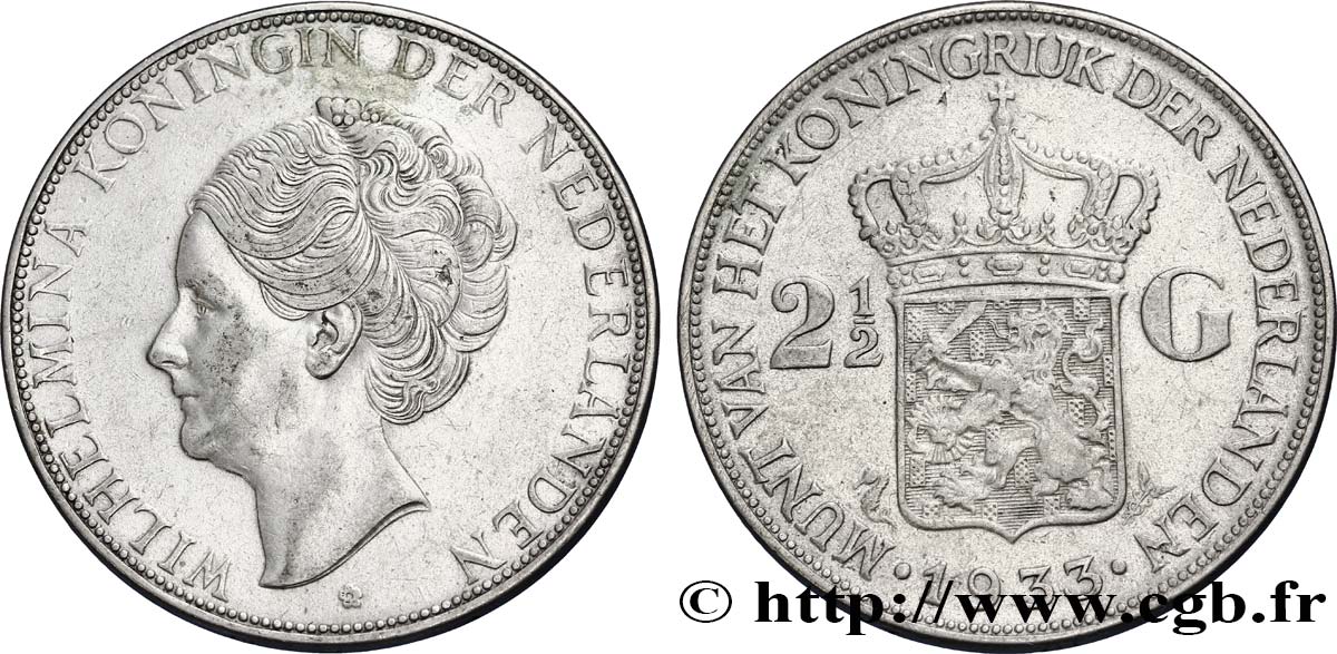 NETHERLANDS 2 1/2 Gulden Wilhelmina 1933  XF 