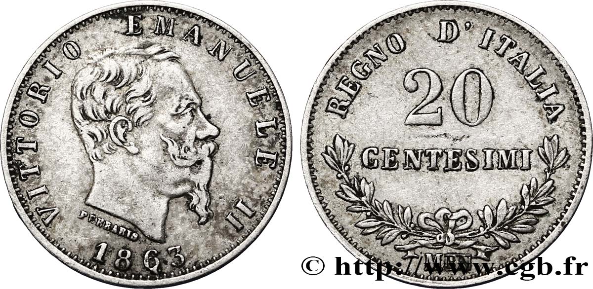 ITALY 20 Centesimi Victor Emmanuel II 1863 Milan XF 