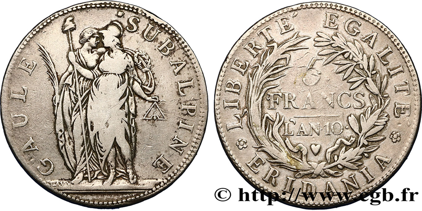 ITALIA - GALIA SUBALPINA 5 Francs an 10 1802 Turin MB 